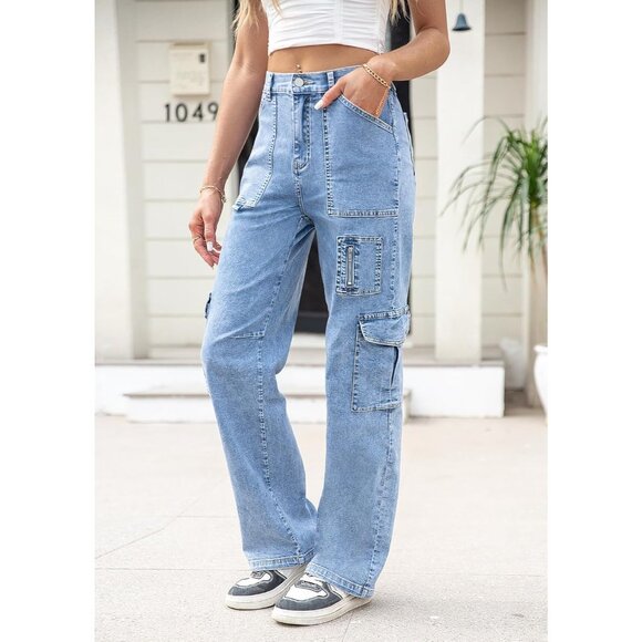 High-Waisted Wide Leg Cargo Trousers with 7 Pockets - Perfect for Casual Looks - Picture 4 of 5